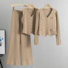 Conjunto De Suéter Cardigan Listrado Feminino De Manga Longa 3 Peças Com Calças De Perna Larga