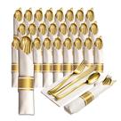 Conjunto de talheres Prestee, talheres de plástico dourado pré-laminado, 100 unidades Conjunto de talheres Prestee, talheres de plástico dourado pré-laminado, 100 unidades