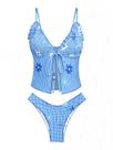 Conjunto de tanquíni com estampa floral de guingão seamoly, babados, azul