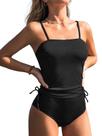 Conjunto de tanquíni, fato de banho CUPSHE, cintura alta, franzido, canelado, M, preto