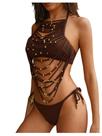 Conjunto de tanquíni feminino WDIRARA recortado com miçangas e franja marrom