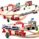 Conjunto de trem elétrico de madeira para crianças pequenas Toy HOLYFUN 88 unidades com trilho