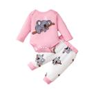 Conjunto De Três Peças Para Bebê Menina 0-18 Meses: Macacão, Calça E Chapéu Com Estampa De Coala