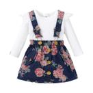 Conjunto De Três Peças Para Meninas: Vestido Com Babados De Manga Comprida, Macacão E Lenço De