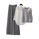 Conjunto De Tricô Feminino Chic Branco, Cinza E Preto Com Cardigã E Calças De Perna Larga Com