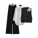 Conjunto De Tricô Feminino Chic Branco, Cinza E Preto Com Cardigã E Calças De Perna Larga Com
