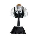 Conjunto De Uniforme Escolar Sexy Em Couro PU Com Mangas Bufantes, Top Com Renda E Saia Mini, 4
