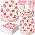 Conjunto de utensílios de mesa Kinovo Strawberry Plates, guardanapos, copos, serve 24 Conjunto de utensílios de mesa Kinovo Strawberry Plates, guardanapos, copos, serve 24