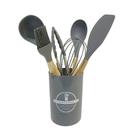 Conjunto De Utensílios Para Cozinha Em Silicone Com Cabo De Madeira 7 Peças Lehaví Cinza