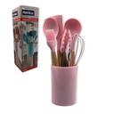 Conjunto De Utensilios Silicone 8 Pecas Fouet Concha Pincel Pegador Rosa