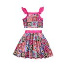 Conjunto De Verão Estilo Étnico Boêmio Para Meninas, Saia A-Line Estampada E Camiseta Com Mangas