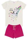 Conjunto de Verão Infantil Feminino Blusa Bege e Shorts Rosa Gato e Arco-iris - KK Kids