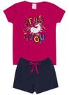 Conjunto de Verão Infantil Feminino Blusa Rosa e Shorts Unicórnio Azul - KK Kids