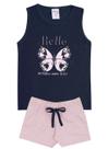 Conjunto de Verão Infantil Feminino Regata Azul Escuro e Shorts Rosa Claro Borboleta - KK Kids