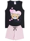 Conjunto de Verão Infantil Feminino Regata Preta e Shorts Rosa Ursinho Love - KK Kids