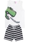 Conjunto de Verão Infantil Masculino Regata Branca Dinossauro Grande e Shorts Listrado - KK Kids
