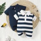 Conjunto De Verão Para Bebê Menino 2 Peças Macacão Listrado De Cor Sólida Com Gola E Fechamento Por
