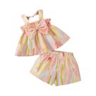 Conjunto De Verão Para Menina Bebê Em Duas Peças Top Com Laço Colorido E Shorts 9 Meses-4 Anos