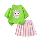 Conjunto De Verão Para Meninas: Camiseta Rosa Com Laço E Saia Xadrez, Top De Manga Curta E Saia
