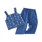 Conjunto De Verão Para Meninas Com Estampa De Laço Em Imitação De Jeans, Sem Mangas, Casual, Roupas