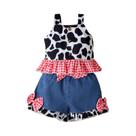 Conjunto De Verão Para Meninas Com Estampa De Leopardo E Xadrez, 1-5 Anos, Top Com Suspensório E
