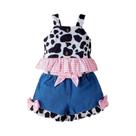 Conjunto De Verão Para Meninas Com Estampa De Leopardo E Xadrez, 1-5 Anos, Top Com Suspensório E