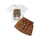 Conjunto De Verão Para Meninas De 0 a 4 Anos, Top Estampado E Saia Com Estampa De Leopardo