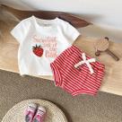 Conjunto De Verão Para Meninas Pequenas, Top Com Estampa De Morango E Shorts Listrados, 2 Peças, Conjunto De Verão Para Meninas Pequenas, Top Com Estampa De Morango E Shorts Listrados, 2 Peças,