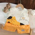 Conjunto De Verão Para Meninos Com Estampa De Gato Em Cartoon, 2 Peças, Camiseta E Shorts, Moda