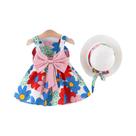 Conjunto De Vestido De Verão Para Meninas Com Chapéu, Laço Grande E Flores Irregulares, Vestido