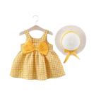 Conjunto De Vestido De Verão Xadrez Para Meninas Com Chapéu De Laço, Roupa De Duas Peças, Vestido