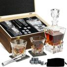 Conjunto Decanter Whiskey Com Dois Copos Rock Gelo Pegador Caixa Madeira