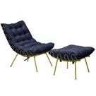 Conjunto Decorativo Poltrona e Puff Abel Base de Ferro Dourada Veludo Azul G41 - Gran Belo