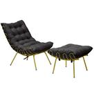 Conjunto Decorativo Poltrona e Puff Abel Base de Ferro Dourada Veludo Preto G41 - Gran Belo