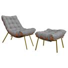 Conjunto Decorativo Poltrona e Puff Abel Base de Madeira Dourada Linho Cinza G41 - Gran Belo