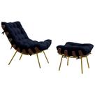 Conjunto Decorativo Poltrona e Puff Abel Base de Madeira Dourada Veludo Azul G41 - Gran Belo