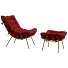 Conjunto Decorativo Poltrona e Puff Abel Base de Madeira Dourada Veludo Vermelho G41 - Gran Belo