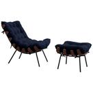 Conjunto Decorativo Poltrona e Puff Abel Base de Madeira Preto Veludo Azul G41 - Gran Belo