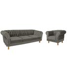 Conjunto Duque Sofa Chesterfield 2.30 + 1 Poltrona Suede Cinza Chumbo Sala Recepcao Barbearia