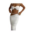 Conjunto Elegante De Top Cropped Com Decoração De Pérolas E Saia Longa De Cintura Baixa Em Patchwork