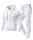 conjunto em moletom peluciado branco blusa com capuz e bolso canguru e calça com 2 bolsos e cordão de ajuste barra com punhos