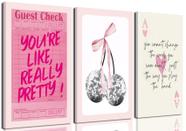 Conjunto emoldurado de arte de parede Pink Preppy de 3 pôsteres modernos de Coquette Disco Cherry Retrô Guest Check Impressões em tela Pintura de pôquer Quote Positiva Imagens Decoração de quarto Estética para meninas Dormitório de 12 x 16 polegadas