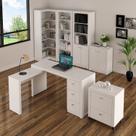 Conjunto Escritório 6 Peças com Mesa para em L, Balcão, Gaveteiro, Armário Multiuso Alto e 2 Estante