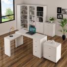 Conjunto Escritório 6 Peças com Mesa para em L, Balcão, Gaveteiro, Armário Multiuso Alto e 2 Estante