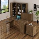 Conjunto Escritório 6 Peças com Mesa para em L, Balcão, Gaveteiro, Armário Multiuso Alto e 2 Estante