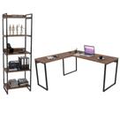 Conjunto Escritório Estilo Industrial Mesa 150x150cm e Estante 60cm 5 Prateleiras Prisma Nogal - Mpo