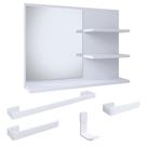 Conjunto Espelheira Aérea Prateleiras Organizadoras Espelho Astra e Kit Banheiro 4 Peças Aço Inox Resistente - Branco- RPM