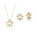 Conjunto estrela em madrepérola com cravação lateral colorida banhado a ouro