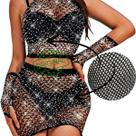 Conjunto Feminino Arrastão com Strass Body Transparente Sexy Festa Balada Manga Longa