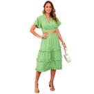 Conjunto feminino blusa e saia midi com babados em crepe com forro rom ntico elegante